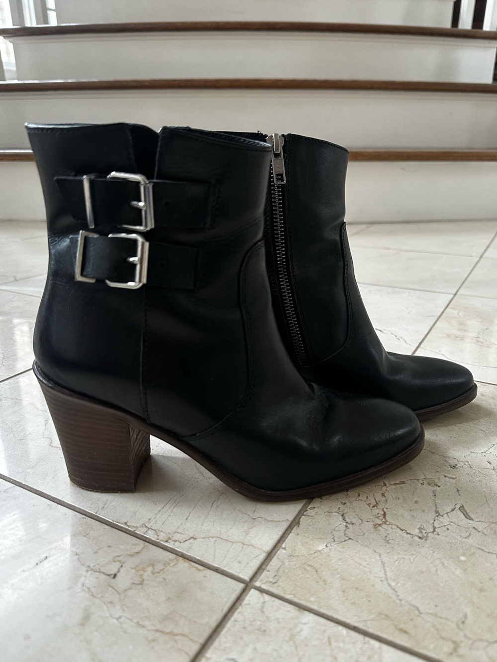 J. Crew Black Leather Ankle Boots with Buckle Accents